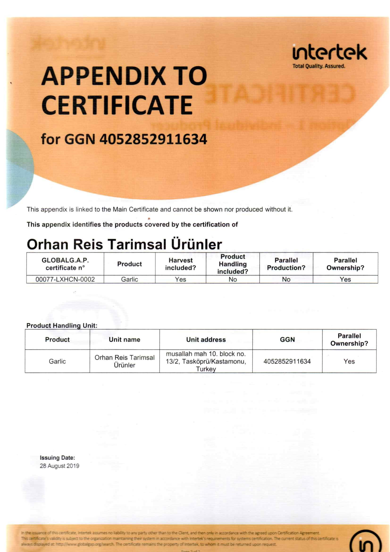 Appendix To Certificate